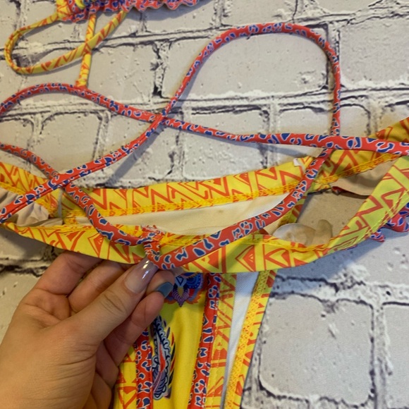 Yellow Print Strappy Thong Bikini Set - Picture 4 of 6